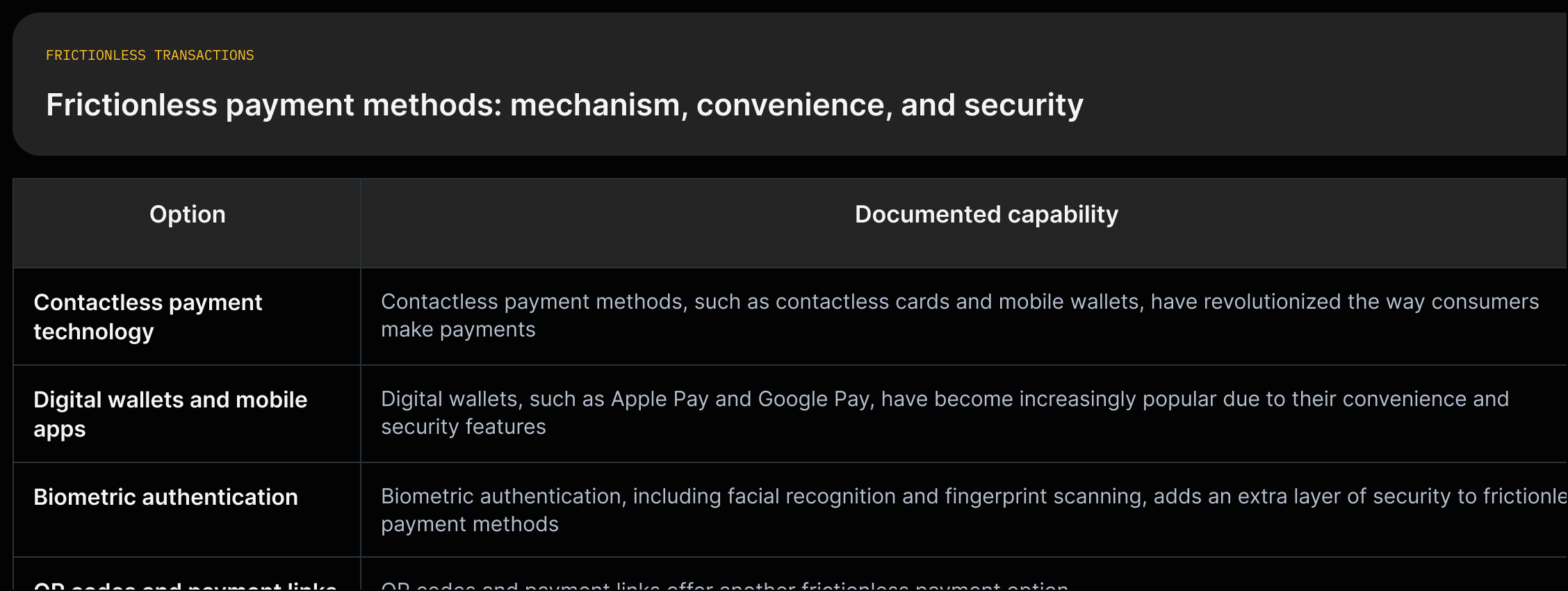 A matrix comparing contactless payments, digital wallets, biometric authentication, and QR/code links by mechanism, convenience, and security, using short direct quotes from the source.