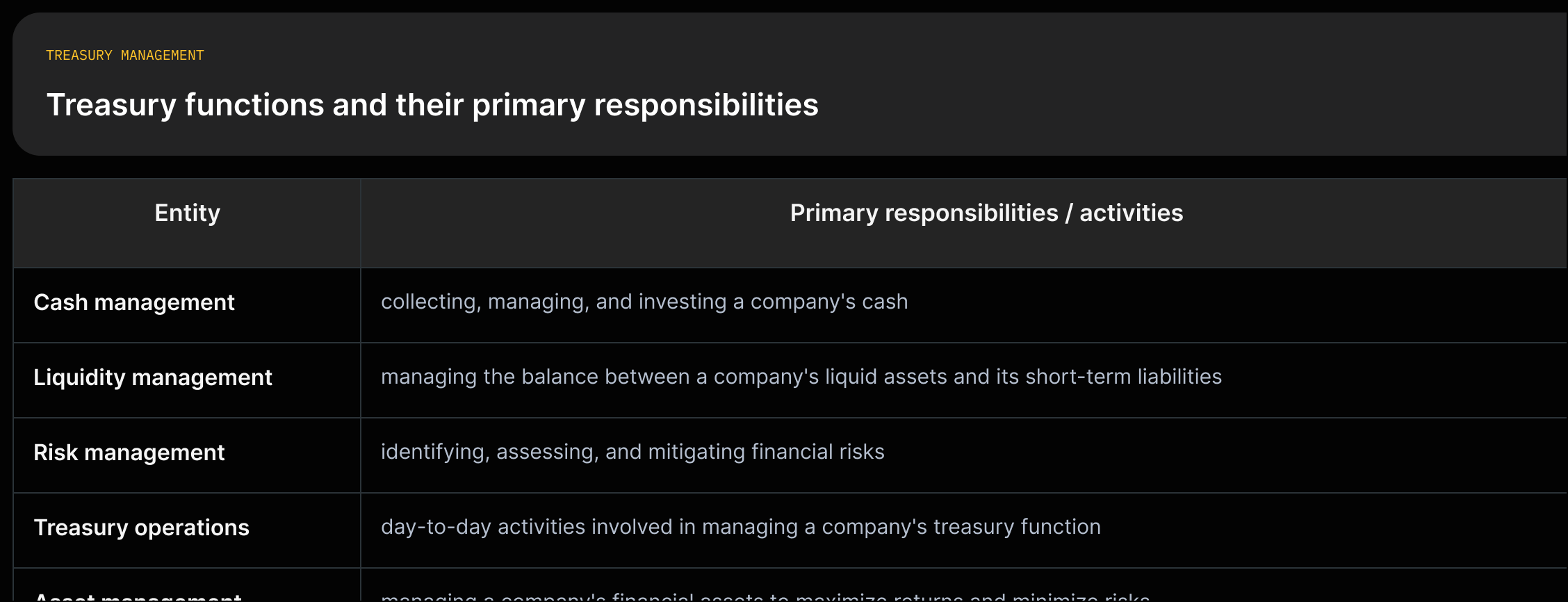 A role map listing Cash management, Liquidity management, Risk management, Treasury operations, and Asset management with one-line quoted responsibilities.