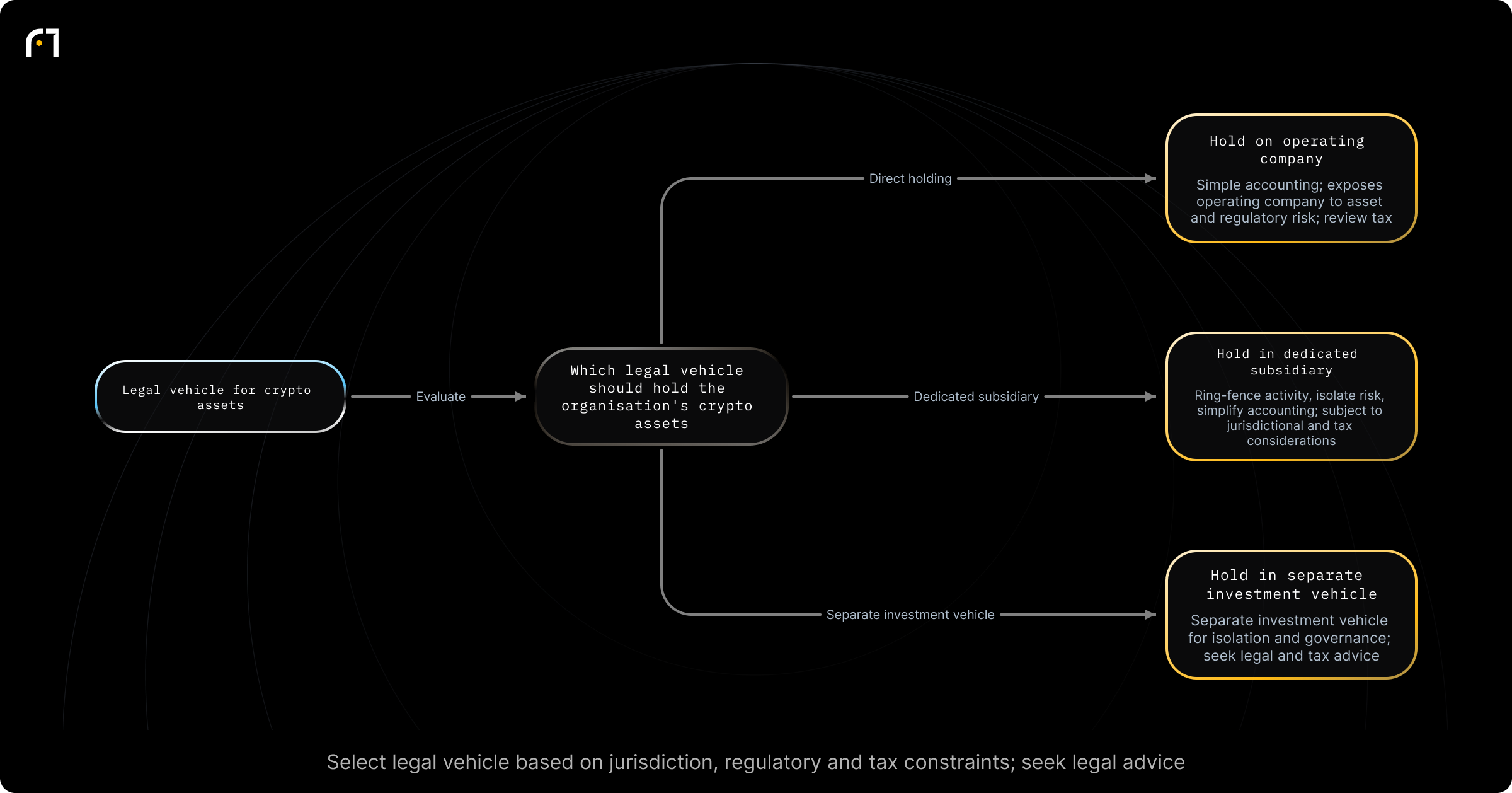 Decision diagram: Choose the legal vehicle to hold digital assets. Which legal vehicle should hold the organisation's crypto assets? Outcomes: Assets held on operating company's balance sheet; Assets held in a dedicated subsidiary; Assets held in a separate investment vehicle