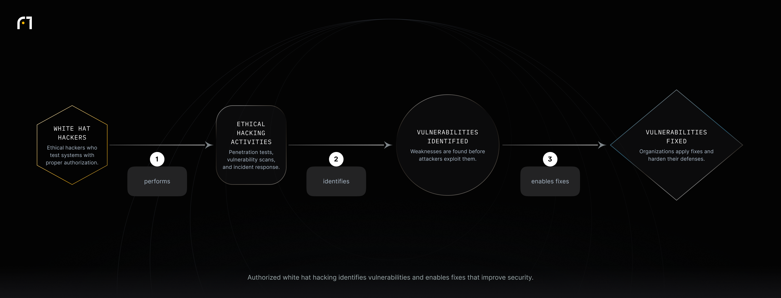 Flow: White hat hackers perform ethical hacking activities → vulnerabilities are identified → fixes are applied and security is improved.