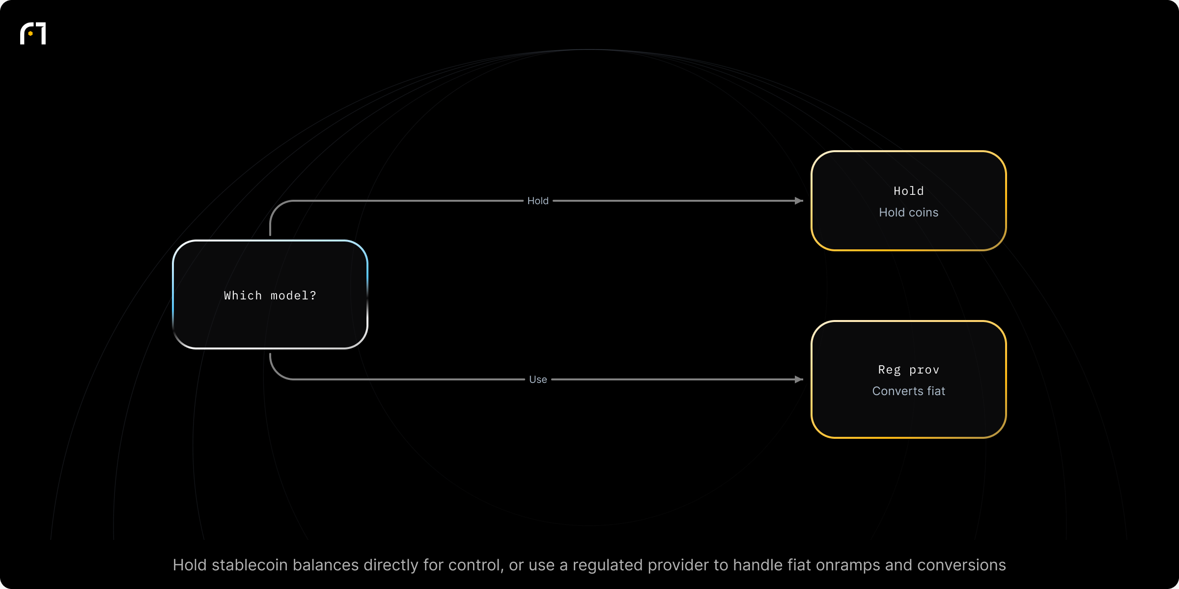 Decision diagram: Institutional routing: hold stablecoin balances directly vs use a regulated provider. How should an institution route B2B cross-border flows using stablecoins? Outcomes: Hold stablecoin balances directly; Work with a regulated provider that converts fiat to stablecoin at the sending side, transmits on-chain, and converts back to local fiat on receipt