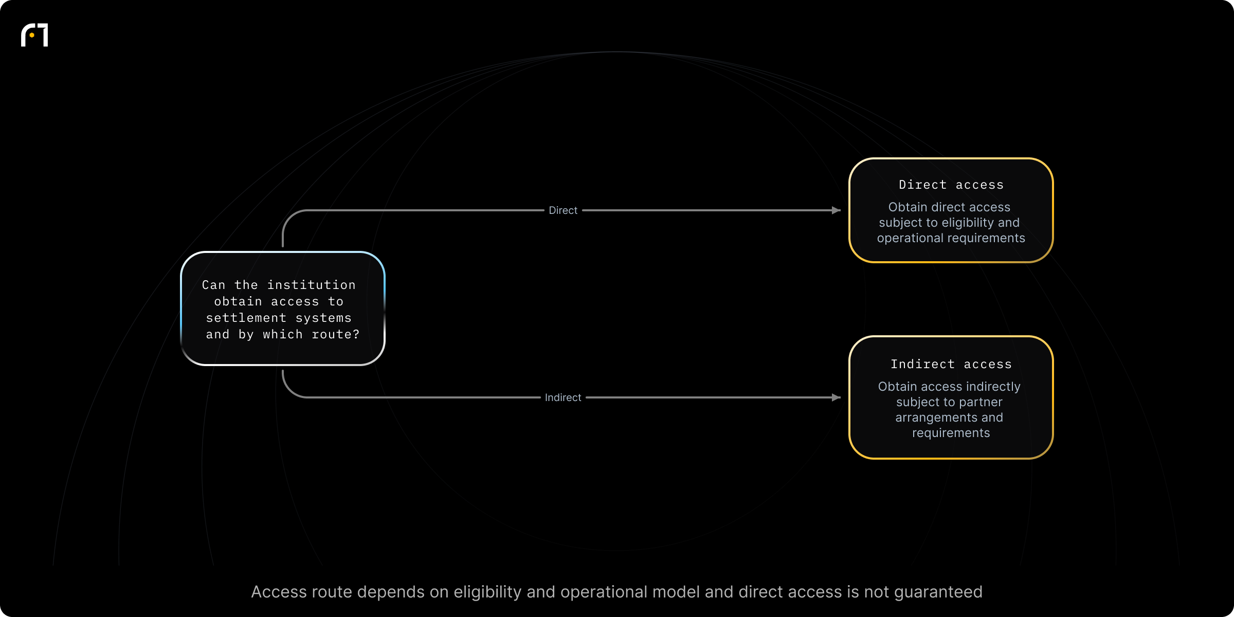 Decision diagram: How to obtain access to real-time settlement systems. Can the institution obtain access to settlement systems, and if so by which route? Outcomes: Direct access — "Access to these settlement systems can be obtained directly... depending on the eligibility and operational model of the institution or organization."; Indirect access — "Access to these settlement systems can be obtained......