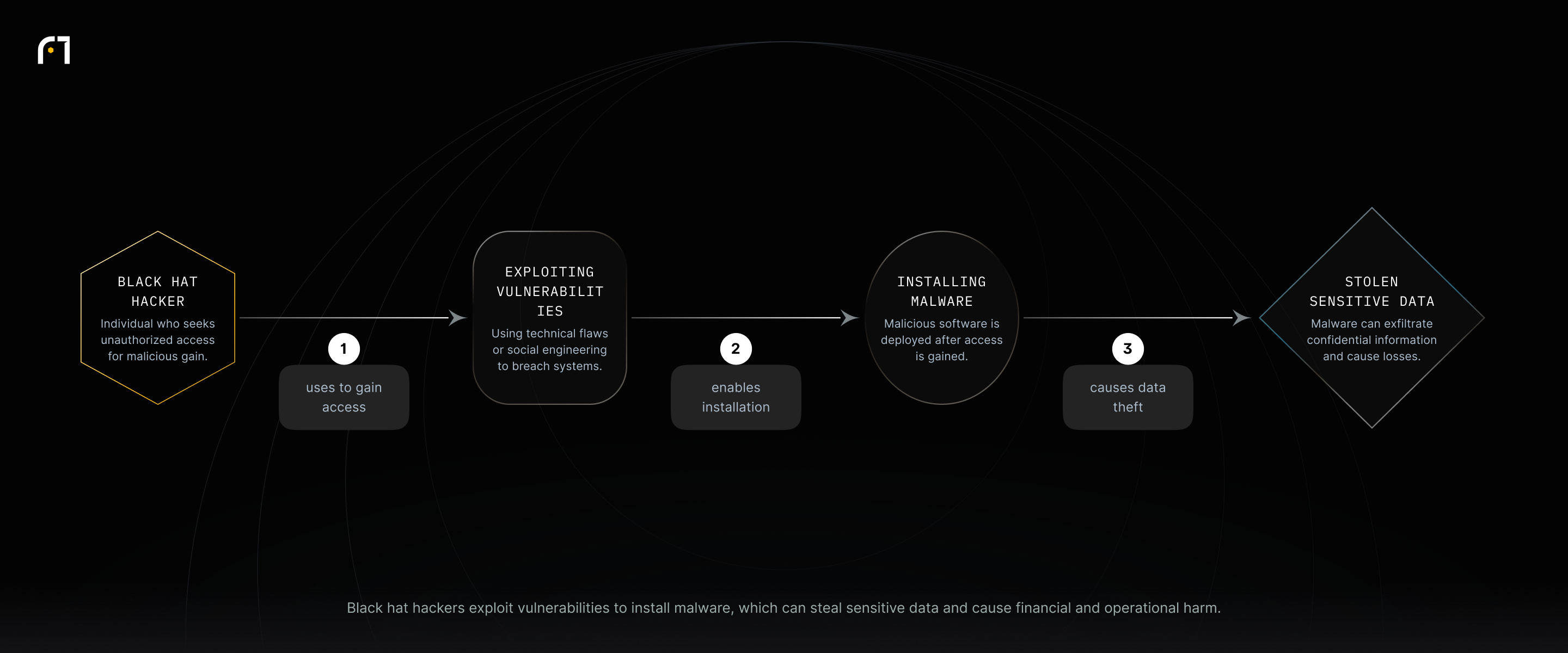 Linear diagram: Black hat hacker uses vulnerabilities to gain access, installs malware, and the malware steals sensitive data.