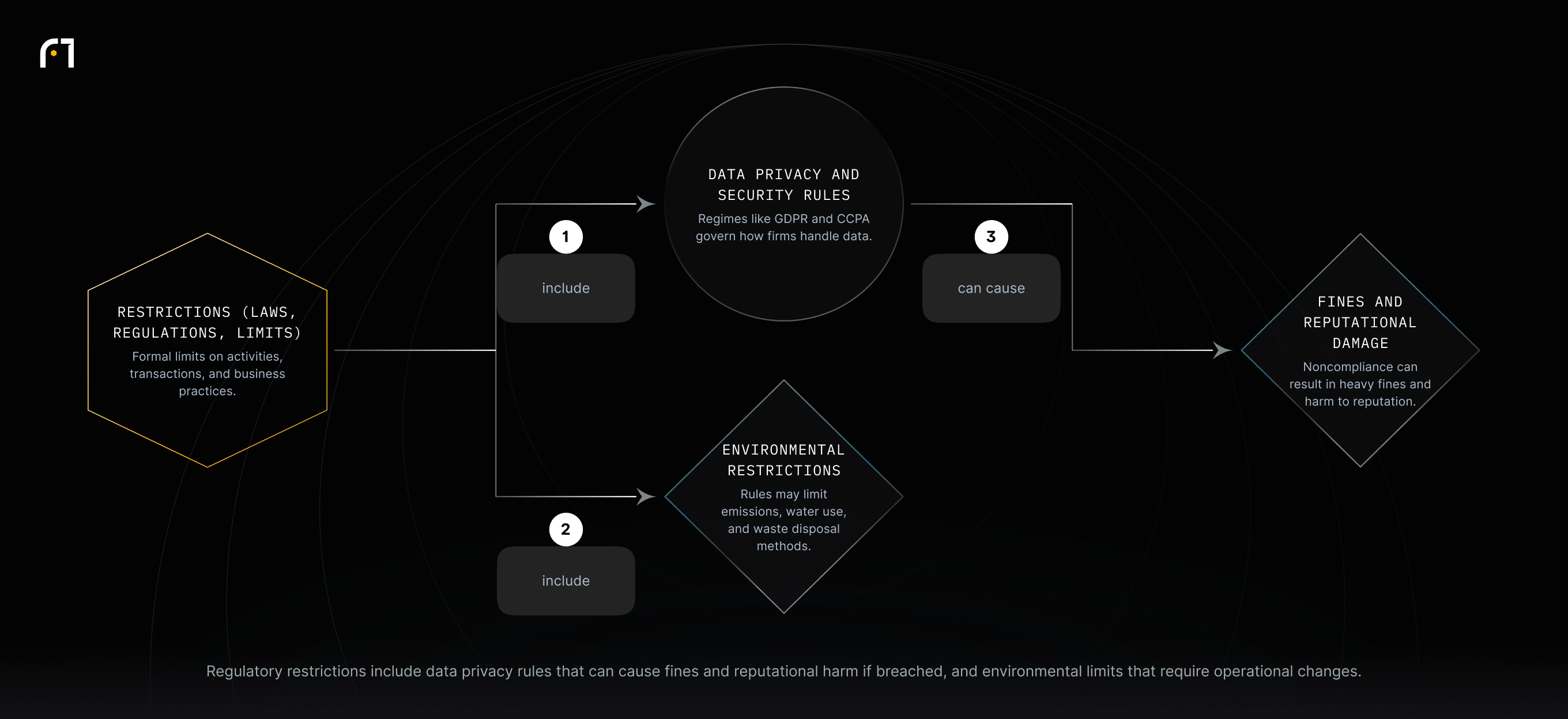 Restrictions such as data privacy laws (GDPR, CCPA) can lead to fines and reputational damage for noncompliant firms, and restrictions also include environmental rules that limit emissions and resource use.