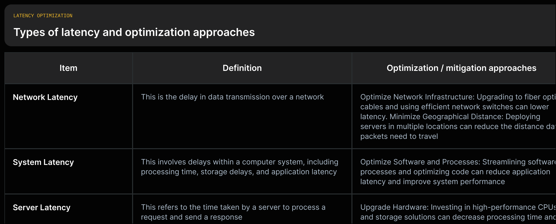 Three rows: Network Latency (definition + optimize infrastructure, minimize distance), System Latency (definition + optimize software), Server Latency (definition + upgrade hardware).